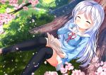  1girl ^_^ bangs black_legwear blue_cardigan blurry blurry_foreground blush book brown_footwear cardigan cherry_blossoms chinomaron closed_eyes closed_mouth day depth_of_field eyebrows_visible_through_hair facing_viewer feet_out_of_frame fingernails flower gochuumon_wa_usagi_desu_ka? grass hair_ornament hoto_cocoa&#039;s_school_uniform kafuu_chino loafers long_hair neck_ribbon on_grass open_book outdoors pink_flower pleated_skirt red_ribbon ribbon sailor_collar school_uniform serafuku shoes silver_hair sitting skirt smile solo thighhighs tree tree_branch very_long_hair white_sailor_collar white_skirt x_hair_ornament 