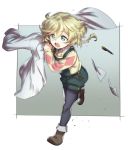  1girl blonde_hair blue_eyes braid elfnein labcoat mole mole_under_eye murakami_hisashi overalls pantyhose paper pen running senki_zesshou_symphogear shorts 