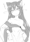  1girl animal_ear_fluff animal_ears bare_shoulders breasts commentary_request dress highres imaizumi_kagerou kazawa_(tonzura-d) large_breasts long_hair long_sleeves monochrome touhou wide_sleeves wolf_ears 