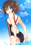 1girl adjusting_clothes adjusting_swimsuit ass black_swimsuit blue_sky brown_eyes brown_hair cloud competition_swimsuit cowboy_shot day from_behind highres kantai_collection looking_at_viewer looking_back multicolored multicolored_clothes multicolored_swimsuit one-piece_swimsuit open_mouth outdoors sendai_(kantai_collection) sky solo swimsuit two_side_up upper_teeth yuzuttan 