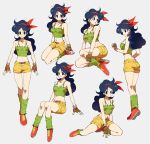  1girl bare_shoulders blue_eyes blue_hair breasts cargo_shorts cleavage closed_mouth collarbone domo_mk02 dragon_ball dragon_ball_(classic) eyebrows_visible_through_hair fingerless_gloves full_body gloves hair_ornament hair_ribbon hairband invisible_chair leg_warmers long_hair looking_at_viewer lunch_(dragon_ball) midriff multiple_views navel red_footwear ribbon shoes shorts simple_background sitting smile standing sweatdrop tank_top 