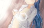  alternate_costume blue_hair breasts collarbone commentary_request cup curtains holding holding_cup kantai_collection light_rays long_hair mae_(maesanpicture) naked_shirt out_of_frame samidare_(kantai_collection) shirt small_breasts smile very_long_hair white_shirt 
