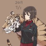  1girl animal bangs bright_pupils brown_background brown_eyes brown_hair dated girls_und_panzer hand_on_another&#039;s_head jacket kuromorimine_military_uniform long_sleeves looking_to_the_side nishizumi_maho pleated_skirt red_skirt ree_(re-19) shirt short_hair simple_background skirt solo standing tiger white_pupils 