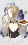  1girl abigail_williams_(fate/grand_order) apron bangs blonde_hair blue_eyes bow butterfly_hair_ornament cookie eating fate/grand_order fate_(series) food food_on_face hair_ornament heroic_spirit_chaldea_park_outfit highres holding holding_tray kuronoiparoma long_hair looking_at_viewer maid maid_headdress orange_bow parted_bangs sleeves_past_fingers sleeves_past_wrists stuffed_animal stuffed_toy teddy_bear tray white_bow 