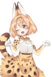 1girl absurdres animal_ears animal_ears_(artist) blonde_hair blush bow bowtie elbow_gloves eyebrows_visible_through_hair fang gloves highres kemono_friends multicolored_hair one_eye_closed paw_pose serval_(kemono_friends) serval_ears serval_print serval_tail short_hair skirt sleeveless solo tail 