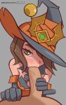  alternate_costume bare_shoulders breasts brown_hair dress elbow_gloves evie_(paladins) fellatio gloves grey_background hat highres one_eye_covered oral orange_shirt paladins patreon_username penis shirt short_hair solo_focus strapless strapless_dress witch_hat 