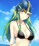  1girl aone_hiiro arms_behind_back black_bikini_top blue_sky blurry blurry_background blush breasts cleavage cloud collarbone day fire_emblem fire_emblem:_path_of_radiance green_eyes green_hair helmet highres long_hair looking_at_viewer medium_breasts nephenee outdoors shiny shiny_hair sideboob sky solo straight_hair upper_body 