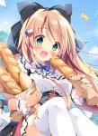 1girl :d bag baguette bangs black_bow black_skirt blonde_hair blue_bow blue_sky blush bow bread breasts cloud commentary_request day dress_shirt eyebrows_visible_through_hair fingernails food food_on_face frilled_skirt frills green_eyes hair_bow holding holding_food leaves_in_wind long_hair looking_at_viewer medium_breasts nail_polish open_mouth original outdoors pan_(mimi) paper_bag pink_nails shirt sitting skirt sky smile solo thighhighs very_long_hair white_legwear white_shirt wrist_cuffs 