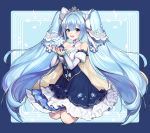  1girl aqua_hair bangs bare_shoulders blue_eyes blue_hair commentary_request detached_collar detached_sleeves dress eyebrows_visible_through_hair frills hair_ornament hatsune_miku highres kyundoo long_hair long_sleeves looking_at_viewer puffy_sleeves smile solo thighhighs tiara twintails very_long_hair vocaloid yuki_miku_(2019) 