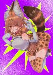  1girl alternate_hair_color animal_ears arms_up blush breast_pocket breasts brown_gloves brown_hair brown_legwear elbow_gloves eyebrows_visible_through_hair full_body gloves grin highres kemono_friends large_breasts looking_at_viewer multicolored multicolored_clothes multicolored_gloves notora parted_lips pocket serval_(kemono_friends) serval_ears serval_tail sleeveless smile solo tail teeth thighhighs white_gloves 