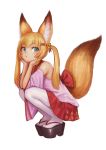  2018 animal_humanoid blonde_hair blue_eyes blush canid canid_humanoid canine canine_humanoid clothed clothing crouching dipstick_tail dress female footwear fox_humanoid hair hand_on_face hi_res humanoid kozato legwear mammal mammal_humanoid multicolored_tail pigtails sandals simple_background solo thigh_highs white_background young 