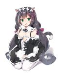  1girl animal_ear_fluff animal_ears apron bangs black_dress black_hair black_ribbon black_sleeves blush bow breasts cat_ears cat_girl cat_tail cleavage commentary_request cosplay detached_sleeves dress eyebrows_visible_through_hair fang frilled_apron frills full_body green_eyes hair_bow hair_ornament hair_ribbon highres juliet_sleeves kutata kyaru_(princess_connect) long_hair long_sleeves looking_at_viewer low_twintails maid_headdress medium_breasts multicolored_hair neck_ribbon no_shoes open_mouth pantyhose pink_ribbon princess_connect! princess_connect!_re:dive puffy_sleeves re:zero_kara_hajimeru_isekai_seikatsu red_bow ribbon ribbon-trimmed_sleeves ribbon_trim shadow simple_background sitting solo streaked_hair tail twintails very_long_hair waist_apron white_apron white_background white_bow white_hair white_legwear wide_sleeves x_hair_ornament 