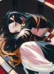  1girl bangs black_hair blush box breasts commentary_request fingernails from_above in_box in_container japanese_clothes kamado_nezuko kimetsu_no_yaiba kimono long_hair lying mouth_hold multicolored_hair on_side oni pink_eyes sharp_fingernails slit_pupils small_breasts solo two-tone_hair wanke wide_sleeves 