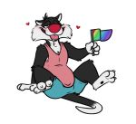  &lt;3 3_toes anthro black_fur black_tail blush bodily_fluids bottomwear clothed clothing countershading dipstick_tail domestic_cat felid feline felis fully_clothed fur green_eyes half-closed_eyes lgbt_pride looney_tunes male mammal multicolored_fur multicolored_tail one_eye_closed open_mouth open_smile pink_tongue pride_colors rainbow_flag rainbow_flag_(pride) rainbow_symbol rotten_robbie saliva shirt shorts simple_background sitting smile solo spread_legs spreading sylvester tank_top toes tongue tongue_out topwear two_tone_fur two_tone_tail warner_brothers white_background white_countershading white_fur white_tail 