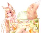  animal_ears ass blonde_hair blush breasts bubbles cropped drink fang food foxgirl fruit long_hair navel nude original red_eyes tail usagihime waifu2x white 