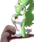  2019 absurd_res better_version_at_source blush breasts cleavage clothed clothing crossed_legs danmakuman female gardevoir green_hair hair hand_on_chest hi_res humanoid legwear looking_at_viewer nintendo not_furry nurse open_mouth pok&eacute;mon pok&eacute;mon_(species) red_eyes sitting smile solo stockings video_games 