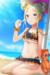  1girl :p abigail_williams_(fate/grand_order) bangs beach bikini black_bikini black_bow blonde_hair blue_eyes blue_sky blush bow closed_mouth cloud commentary_request day emerald_float eyebrows_visible_through_hair fate/grand_order fate_(series) fingernails food forehead hair_bow heart heart-shaped_eyewear highres holding holding_food horizon long_hair navel ocean orange_bow outdoors parted_bangs polka_dot polka_dot_bow popsicle purple-framed_eyewear saki_usagi sand sidelocks sitting sky smile solo stuffed_animal stuffed_toy sunglasses swimsuit teddy_bear tongue tongue_out wariza water wrist_cuffs 