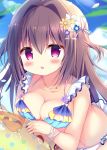  1girl :o absurdres azumi_kazuki bangs bare_shoulders bikini blue_bikini blue_flower blue_sky blurry blurry_background blush breast_press breasts brown_hair cleavage cloud collarbone commentary_request day depth_of_field eyebrows_visible_through_hair fang fingernails flower hair_between_eyes hair_flower hair_intakes hair_ornament hairclip highres innertube large_breasts leaning_forward long_hair looking_at_viewer navel original outdoors parted_lips petals purple_eyes purple_flower sky solo swimsuit transparent two_side_up very_long_hair white_flower yellow_flower 