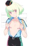  1boy bandaid bandaids_on_nipples blonde_hair collarbone gloves green_hair half_gloves lio_fotia looking_at_viewer male_focus navel pasties police police_uniform promare purple_eyes shirt short_hair simple_background solo uniform yuuhi_homare 