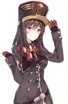 1girl absurdres arm_up bangs black_hair black_headwear black_jacket black_neckwear blush breasts commentary eyebrows_visible_through_hair girls_frontline gloves hair_between_eyes hand_on_own_headwear hand_up hat highres jacket leisss long_hair long_sleeves medium_breasts necktie parted_lips pzb39_(girls_frontline) red_eyes red_gloves simple_background sleeves_past_wrists solo white_background 