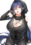  1girl absurdres bangs bare_shoulders black_gloves blue_hair blush breasts chixiao cleavage fingerless_gloves gloves green_eyes highres hood large_breasts long_hair looking_at_viewer low_ponytail maplestory open_mouth pants scarf solo tongue tongue_out 