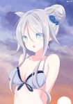  1girl :o alternate_costume bangs bare_shoulders bikini bikini_top blue_bikini blue_eyes blue_flower blush breasts cleavage cloud cloudy_sky collarbone commentary_request eyebrows_visible_through_hair flower front-tie_bikini front-tie_top hair_bun hair_flaps hair_flower hair_ornament hatsuzuki_527 highres kantai_collection lace-trimmed_bow medium_breasts multicolored multicolored_eyes open_mouth outdoors parted_bangs remodel_(kantai_collection) short_hair sidelocks silver_hair sky solo swimsuit twilight twitter_username umikaze_(kantai_collection) upper_body yellow_eyes 