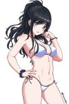  1girl :o absurdres arm_up armpits bangs bikini black_hair blush breasts collarbone eyebrows_visible_through_hair grey_eyes hand_on_hip highres idolmaster idolmaster_shiny_colors kazano_hiori kim_nico long_hair looking_at_viewer medium_breasts mole mole_under_mouth nail nail_polish navel open_mouth scrunchie side-tie_bikini sideboob sidelocks signature simple_background solo swimsuit thighs white_background white_bikini 