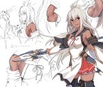  1girl bangs bare_shoulders black_legwear breasts brown_eyes character_request collarbone commentary_request copyright_request dark_skin dress eyebrows_visible_through_hair granblue_fantasy grey_hair hair_between_eyes large_breasts long_hair looking_at_viewer red_ribbon ribbon shiseki_hirame thighhighs translation_request weapon zooey_(granblue_fantasy) 