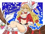  1girl alternate_costume blonde_hair blue_background boots bow bowtie box breasts broom broom_riding christmas cleavage cropped_jacket cross-laced_footwear eyebrows_visible_through_hair fuko_(fukkofuko) fur_trim gift gift_bag gift_box hair_ribbon hat hat_bow highres kirisame_marisa long_hair looking_at_viewer medium_breasts merry_christmas midriff navel open_mouth orange_eyes pom_pom_(clothes) red_footwear red_neckwear ribbon santa_costume santa_hat short_sleeves signature smile solo speech_bubble star starry_background thighs touhou tress_ribbon 