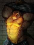  2019 3:4 abs absurd_res anthro arms_above_head balls black_scales clothing dustyangart hi_res looking_down male muscular muscular_male navel nipple_piercing nipples obliques pecs penis piercing reptile scales scalie undressing vein veiny_penis wet yellow_scales yellow_sclera 