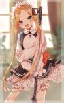  1girl abigail_williams_(fate/grand_order) apron bangs black_skirt blonde_hair blue_eyes blurry blurry_background bow butterfly_hair_ornament fate/grand_order fate_(series) hair_ornament heroic_spirit_chaldea_park_outfit highres holding key long_hair looking_at_viewer maid maid_apron maid_headdress open_mouth orange_bow parted_bangs plant riruno skirt sleeves_past_fingers sleeves_past_wrists smile stuffed_animal stuffed_toy teddy_bear white_bow 