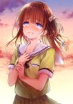  1girl blush bow braid brown_hair cloud clutching_chest collarbone cover_image crying crying_with_eyes_open double_horizontal_stripe floating_hair fukakai_na_boku_no_subete_wo hair_bow hand_on_own_chest hand_on_own_wrist konayama_kata mizunoe_kotone one_side_up parted_lips pleated_skirt purple_eyes sailor_collar school_uniform serafuku shirt side_braid skirt sky solo tears wavy_mouth white_sailor_collar yellow_shirt 