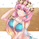  1girl bikini blonde_hair blue_eyes breasts cleavage earrings fire_emblem fire_emblem_heroes flower gradient_hair gunnthra_(fire_emblem) hair_flower hair_ornament jewelry large_breasts lazulia long_hair multicolored_hair parted_lips pink_hair solo swimsuit upper_body 
