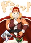  3boys absurdres amakusa_shirou_(fate) archer arm_at_side beard bell belt bow cape chibi christmas clenched_hand coat cross facial_hair fate/grand_order fate/zero fate_(series) fur_trim glint grin highres looking_at_viewer male_focus mask merry_christmas multiple_boys muscle mustache open_mouth ornament red_bow red_cape red_coat red_eyes red_hair rider_(fate/zero) santa_costume scar smile standing tama5755 waver_velvet white_background white_hair wreath 