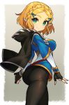  1girl ass black_cape blonde_hair border braid breasts cape fingerless_gloves gloves green_eyes highres impossible_clothes itsumo_nokoru large_breasts looking_at_viewer pants pointy_ears princess_zelda short_hair side_braid smile solo the_legend_of_zelda the_legend_of_zelda:_breath_of_the_wild tight tight_pants white_border 