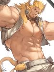  2016 abs animal_humanoid belt biceps blonde_hair bottomwear bovid bovine cattle clothing facial_hair gomtang hair horn humanoid jewelry long_hair male mammal muscular muscular_male necklace nipples obliques open_jacket pants pecs solo soul_patch vein zipper 
