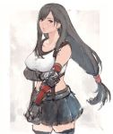  1girl bare_shoulders black_skirt blush breasts brown_eyes cleavage commentary_request earrings elbow_gloves elbow_pads final_fantasy final_fantasy_vii fingerless_gloves gloves iwauchi_tomoki jewelry large_breasts long_hair looking_at_viewer low-tied_long_hair midriff miniskirt pencil_skirt shirt sketch skirt suspender_skirt suspenders tank_top taut_clothes taut_shirt thighhighs thighs tifa_lockhart 