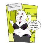  1:1 4_fingers anthro belly beverage big_belly big_breasts bodily_fluids boss_monster bovid bra breasts bubble_tea caprine clothing female fingers floppy_ears fur hands-free_bubble_tea hi_res holding_object horn lactating legwear mammal mature_female meme milk missdetrop navel open_mouth overweight overweight_female phone pussy red_eyes solo straw text thigh_highs toriel undertale underwear video_games white_fur 