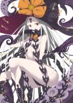  1girl abigail_williams_(fate/grand_order) artist_request ass bangs bare_shoulders black_bow black_headwear black_panties bow breasts fate/grand_order fate_(series) forehead hat key keyhole long_hair looking_at_viewer orange_bow panties parted_bangs polka_dot polka_dot_bow red_eyes simple_background small_breasts solo tentacles thighs underwear very_long_hair white_background white_hair white_skin witch_hat 