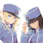  2girls andou_(girls_und_panzer) bangs bc_freedom_(emblem) bc_freedom_military_uniform black_hair blonde_hair blue_eyes blue_jacket blue_vest brown_eyes colis dark_skin emblem girls_und_panzer hand_on_headwear hat high_collar jacket long_sleeves looking_at_viewer looking_to_the_side medium_hair messy_hair multiple_girls oshida_(girls_und_panzer) shako_cap simple_background twitter_username vest white_background 