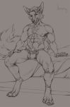  animal_genitalia animal_penis anthro bulge canid canine canine_penis clothed clothing erection honovy knot looking_at_viewer male mammal monochrome muscular muscular_male penis sitting solo topless 