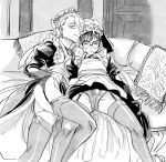  2boys alternate_costume apron ass bulge couch crossdressing enmaided garter_straps glasses greyscale katsuki_yuuri kikai_ningen lying maid maid_apron maid_headdress male_focus monochrome multiple_boys on_back on_side panties pillow smile thighhighs underwear viktor_nikiforov yuri!!!_on_ice 