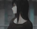  1girl aoi_ogata artist_name bangs black_hair black_shirt blurry blurry_background closed_mouth commentary depth_of_field english_commentary grey_eyes hair_between_eyes highres long_hair looking_away looking_to_the_side original profile shirt solo upper_body 