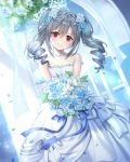  1girl artist_name bare_shoulders blue_dress blue_flower blue_petals blue_ribbon blue_rose blue_wedding_dress bouquet breasts collarbone commentary dress drill_hair eyebrows_visible_through_hair flower grey_hair hair_between_eyes hair_flower hair_ornament head_tilt idolmaster idolmaster_cinderella_girls idolmaster_cinderella_girls_starlight_stage kanzaki_ranko long_hair petals red_eyes ribbon roang rose small_breasts smile solo strapless strapless_dress tiara twin_drills twintails wedding_dress 
