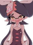  +_+ 1girl aori_(splatoon) arm_support black_hair black_jumpsuit breasts cleavage crying crying_with_eyes_open detached_collar domino_mask fang food food_on_head gloves highres long_hair looking_at_viewer mask medium_breasts mole mole_under_eye object_on_head open_mouth pointy_ears short_jumpsuit simple_background smile solo splatoon_(series) splatoon_1 standing strapless sukeo_(nunswa08) sushi tears tentacle_hair upper_body very_long_hair white_background white_gloves 
