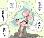  +_+ 1girl age_regression green_hair highres hotaru_(splatoon) japanese_clothes kimono oversized_clothes simple_background solo splatoon_(series) splatoon_2 sukeo_(nunswa08) tentacle_hair translated younger 