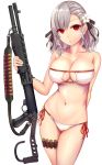  1girl :o absurdres bandolier bangs bikini blush breasts cartridge cleavage commentary_request cowboy_shot eyebrows_visible_through_hair flower franz_(217franz) girls_frontline gun hair_flower hair_ornament hair_ribbon highres holding holding_weapon large_breasts looking_at_viewer navel red_eyes ribbon shotgun side-tie_bikini silver_hair solo spas-12 spas-12_(girls_frontline) swimsuit thigh_strap twintails weapon white_background white_bikini 