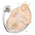  2016 4_toes anthro asgore_dreemurr bath_tub beard belly blonde_hair boss_monster bovid caprine eyes_closed facial_hair gomtang hair long_hair male mammal moobs navel nipples nude partially_submerged petals relaxing slightly_chubby solo toes undertale video_games water 