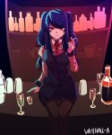  1girl absurdres bangs bar black_legwear bottle breasts cigarette cocktail_glass cup drinking_glass highres jill_stingray long_hair looking_at_viewer necktie panichyun purple_eyes purple_hair sitting skirt solo twintails va-11_hall-a vest 