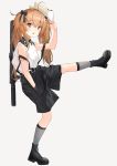  1girl :o alternate_costume bag bangs black_bow black_footwear black_shorts blush boots bow brown_eyes brown_hair collared_shirt full_body girls_frontline grey_background grey_legwear gun h&amp;k_ump hair_between_eyes hair_bow hair_ornament highres holding holding_mask kneehighs leaning lee_seok_ho leg_up long_hair looking_at_viewer mask open_mouth pouch scar scar_across_eye shirt shorts shoulder_bag simple_background sleeveless sleeveless_shirt smile solo submachine_gun suspender_shorts suspenders twintails ump9_(girls_frontline) weapon white_shirt younger 